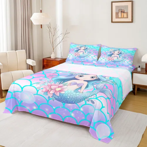 Miniatura 14 de Erosebridal Sábanas de sirena azul para niñas, juego de sábanas de unicornio lindo tamaño matrimonial, 4 piezas para niños, sábanas de arcoíris