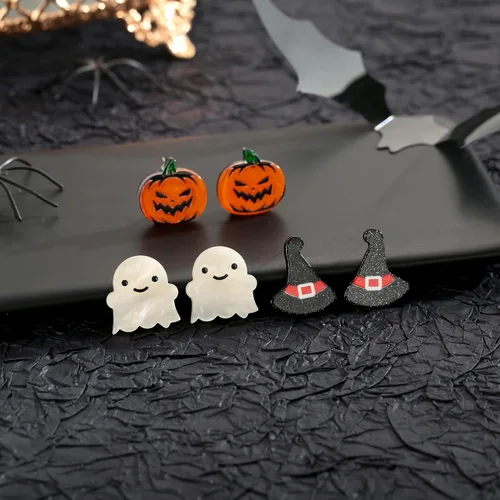 Miniatura 6 de LILIE&WHITE Aretes de Halloween para mujer, con sombrero de bruja, aretes colgantes de calabaza, aretes de gato negro, aretes de calavera, aretes
