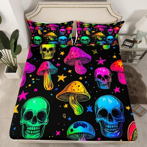 Miniatura 22 de Erosebridal Sábanas de calavera de azúcar, sábana bajera ajustable de Halloween, tamaño individual, ropa de cama de galaxia trippy morada, funda