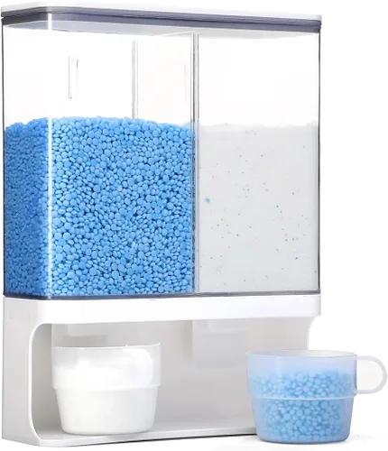 Miniatura 8 de Dispensador de perlas de aroma, dispensador de detergente para lavandería montado en la pared con 2 tazas para cuentas de lavandería, arroz, Negro