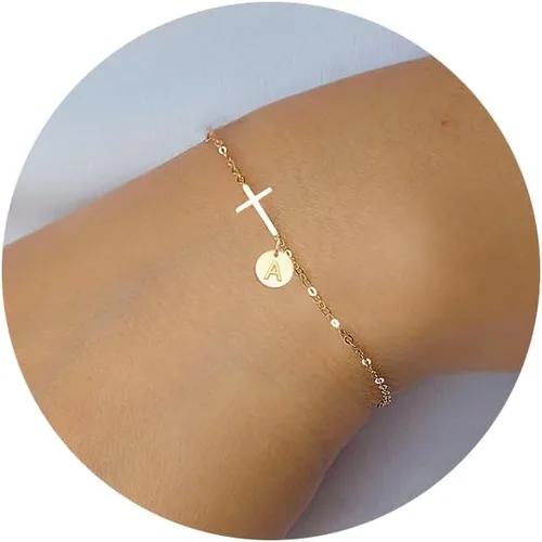 Pulsera de cruz para mujer, delicada pulsera de cruz con iniciales, pulseras de cadena de eslabones dorados, regalos cristianos para mujeres,