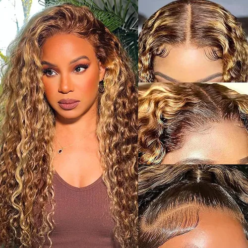Miniatura 28 de SENSAIRUITE Peluca Rizada Ombré con Reflejos Rubio Miel Peluca con Diadema Cabello Humano 12 Pulgadas Onda Profunda Densidad 180% Pelucas