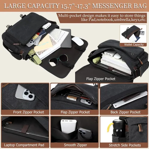 Miniatura 3 de Bolso de Mensajero de 17.3 Pulgadas para Hombre: 2 Piezas Bolso para Laptop de Cuero PU y Tela de Lona Maletín de Trabajo Grande para Oficina