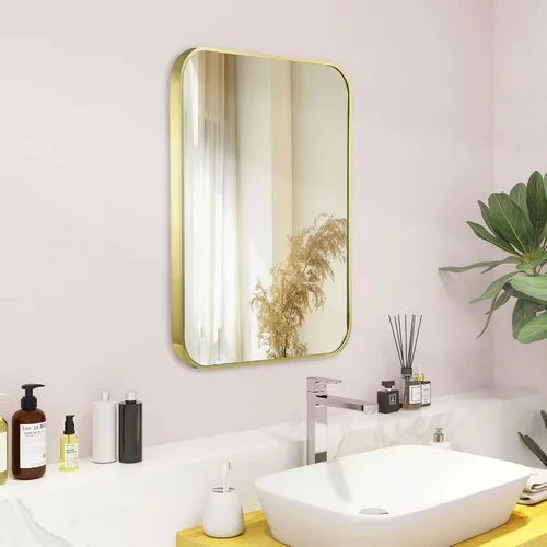 Miniatura 2 de Espejo de oro francés cepillado de 20 x 30 pulgadas para pared, espejo rectangular redondeado dorado con marco de metal para colgar para baño
