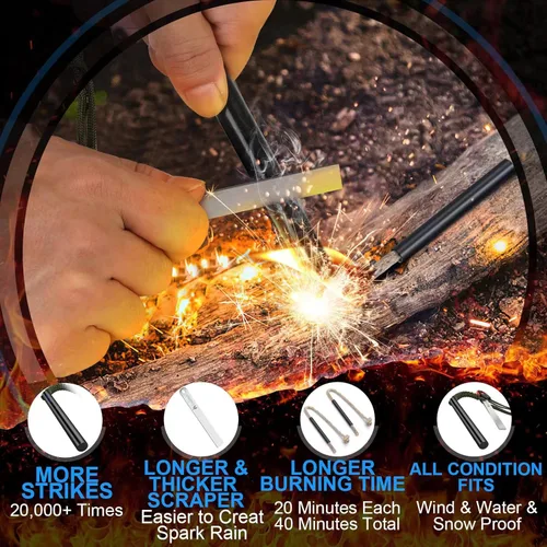 Miniatura 2 de Kit de arranque de fuego con barra de ferro – Pedernal y acero de 5" con dos cordones de yesca encerada y paracord para camping, senderismo