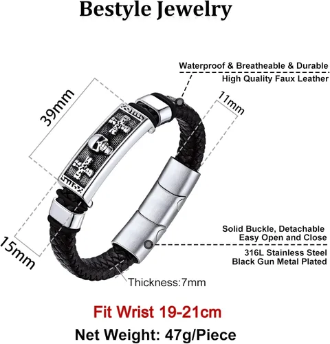 Miniatura 7 de Bestyle Pulseras vikingas trenzadas de cuero genuino para hombres y niños, pulseras vintage de martillo de Thorcalaveramasónico masón con cierre,
