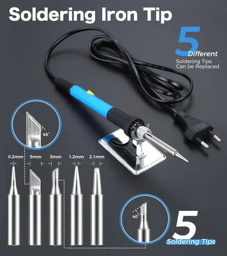 Miniatura 6 de Kit de soldador, herramienta de soldadura de temperatura ajustable de 60 W 220 V, incluye 5 puntas de repuesto, hierro de soldadura de ajuste