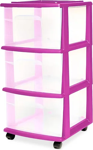 HOMZ Torre de Cajones, Carrito Organizador de Almacenamiento de Plástico Transparente de 3 Niveles, Marco Morado - Contenedores de Cajones Rodantes