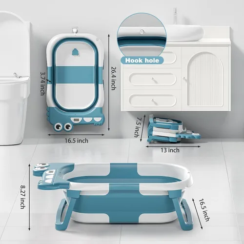 Miniatura 4 de Bañera plegable para bebé recién nacido, bañera plegable para bebé con termómetro y cojín flotante suave y orificio de drenaje, bañera portátil