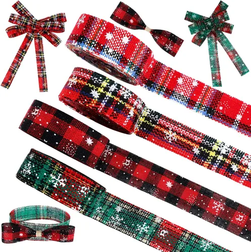 Willbond 4 rollos de cinta de Navidad a cuadros de 24 yardas, cinta de copo de nieve, arpillera a cuadros rojos y verdes, envoltura decorativa de