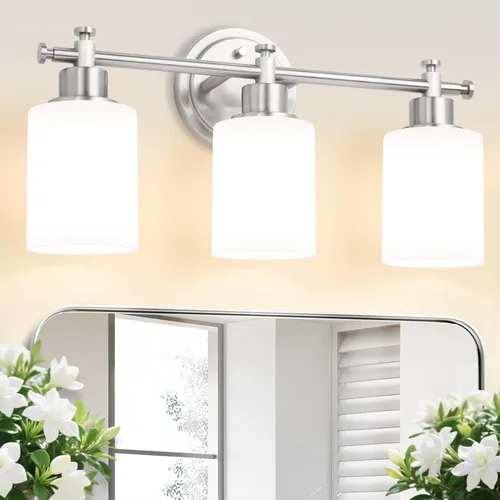 Miniatura 16 de Lámparas de baño negras de 3 luces, modernas luces de tocador sobre el espejo, apliques de pared de baño con pantalla de vidrio blanco, enchufe E26