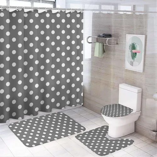 Miniatura 57 de Juego de 3 alfombras de baño con diseño de lunares, color azul aguamarina, antideslizante, con contorno en forma de U y tapa de inodoro