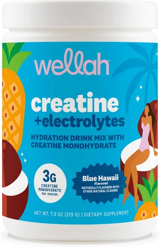 Wellah Creatina + electrolitos en polvo (Blue Hawaii) 30 porciones - Mezcla de bebida de hidratación con 0.11 onzas de monohidrato de creatina