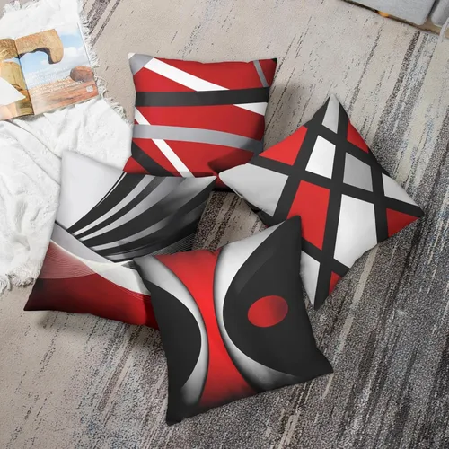 Miniatura 6 de Emvency - Juego de 4 fundas de almohada decorativas modernas con rayas abstractas en rojo, gris, negro y blanco, acrílico, gris audaz, fundas