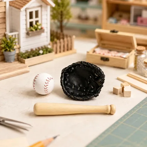 Miniatura 6 de LOGOFUN Miniatures Sports Baseball Kits Mini Bate de Bate de Béisbol Juguete Miniatura Bate de Béisbol Guante y Pelota para Accesorios de Casa