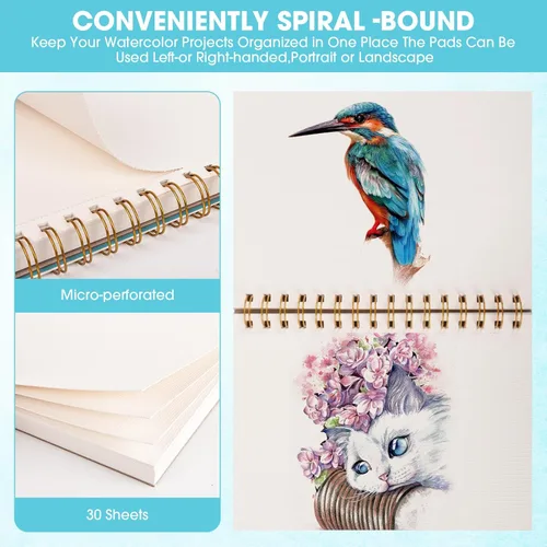 Miniatura 3 de Bloc de papel de acuarela de 5.5" x 8.5", 30 hojas de 140lb/300g prensa en frío, pequeño cuaderno de bocetos de acuarela, encuadernado en espiral