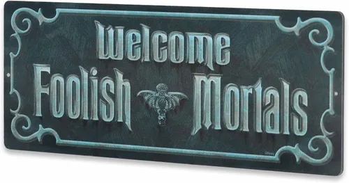 Miniatura 2 de Disney Haunted Mansion - Letrero de metal con texto en inglés «Beware of Hitchhiking Ghosts» – Decoración de pared de mansión embrujada espeluznante