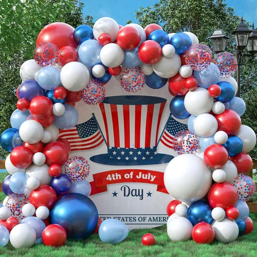 Arco de globos rojos, blancos y azules, 130 unidades, guirnalda de globos azul claro azul claro y blanco con globos de confeti para béisbol, 4 de