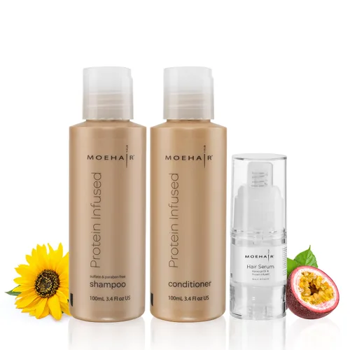 Miniatura 11 de MOEHAIR Kit de viaje (champú proteico, acondicionador, acondicionador sin enjuague y suero para el cabello), sin sulfatos ni parabenos Adecuado