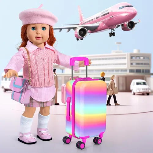 Miniatura 6 de WONDOLL 27 piezas de ropa y accesorios para muñecas americanas de 18 pulgadas - juego de viaje, maleta de equipaje, ropa y zapatos, bolso, gafas