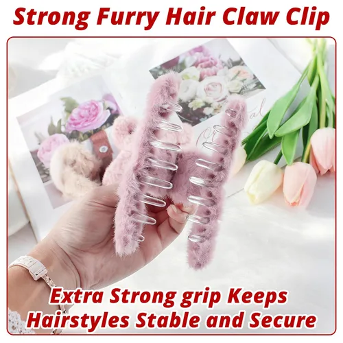 Miniatura 6 de VinBee 4 pinzas para el pelo de piel sintética, pinzas grandes de felpa para mujeres y niñas, horquillas de medio moño para cabello grueso, bonitos