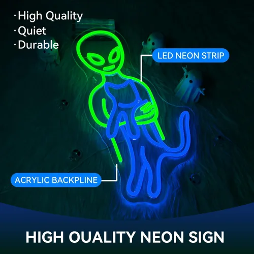 Miniatura 8 de Ineonlife Letreros de neón de alienígena verde, divertidos letreros de neón de gato alienígena para cueva de hombres, luz LED, decoración de arte