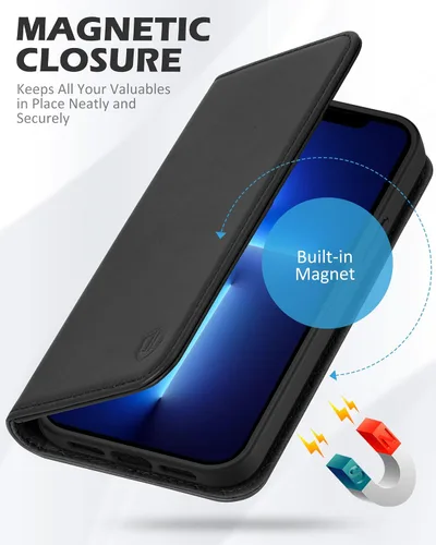 Miniatura 4 de SHIELDON Funda para iPhone 13 Pro Max 5G, Funda de Cartera de Cuero Genuino Magnética Folio a Prueba de Golpes con Soporte Kickstand Portador