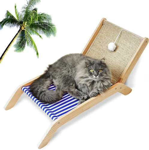 PETKARAY Silla de playa para gatos, camas elevadas para gatos de interior, tumbona acogedora original con rascador de sisal y pelota de juguete