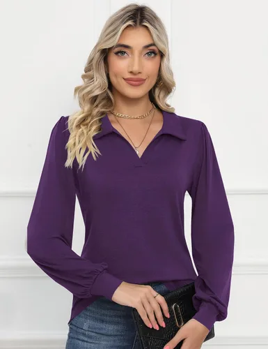 Miniatura 4 de LOMON Camisas tipo polo de manga larga con cuello en V y manga abombada para mujer