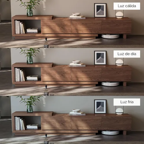 Miniatura 9 de Soporte de TV extensible para televisores de 65 a 100 pulgadas, consola de entretenimiento de nogal con 3 cajones y 1 compartimento
