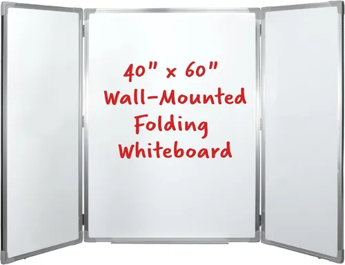 Excello - Pizarra blanca plegable de 40 x 60 pulgadas para montaje en pared, con superficie magnética y bandeja de marcadores abatible