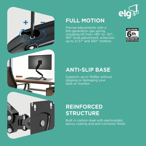 Miniatura 3 de ELG Full Motion - Soporte de escritorio para monitor único con resorte de gas con giro, inclinación y rotación para pantallas de 17-35 pulgadas