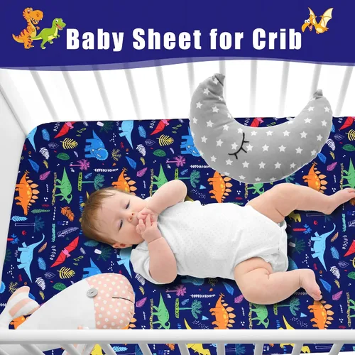 Miniatura 3 de Cloele Sábana Ajustable para Cuna con Dinosaurios - Bebé 100% Poliéster Paquete de 1 Sábana para Cuna Estándar y Colchones de Niños Pequeños - Azul
