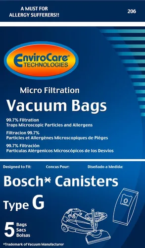 EnviroCare Bolsas de polvo de repuesto para aspiradora de microfiltración para botes Bosch Type G Compact Series y Formula Series. Paquete de 5