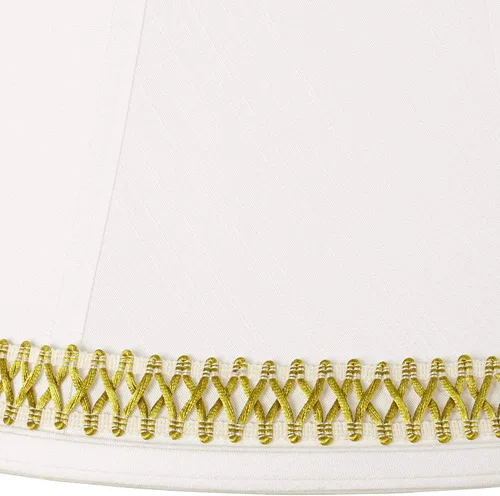 Miniatura 2 de Pantalla de campana grande blanca con ribete de tejido satinado dorado, 9 pulgadas superior x 18 pulgadas inferior x 13 pulgadas de alto (araña)
