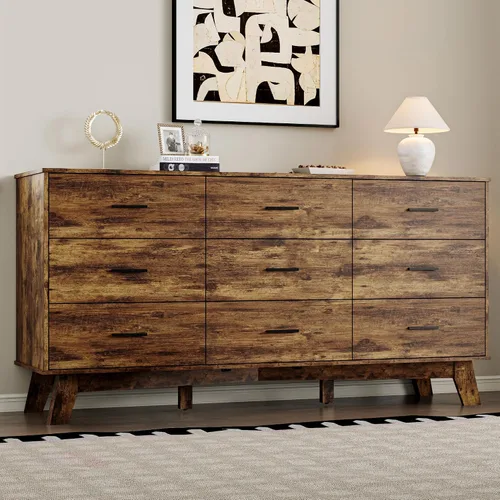 Miniatura 14 de BORNOON Cómoda para dormitorio con 6 cajones, cajonera moderna de 47.2" con manijas de metal, base en forma de X y pata central ajustable