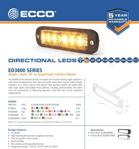 Miniatura 4 de ECCO LED ámbar direccional de alta intensidad 0.76 amperios 12V 24V montaje en superficie luz de advertencia impermeable construcción precaución