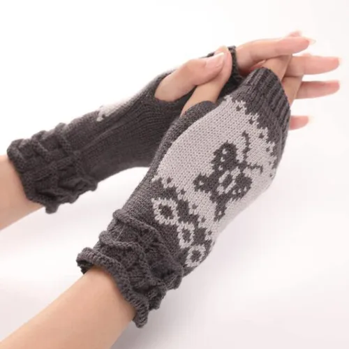 Miniatura 6 de Guantes elásticos de punto con diseño de mariposa para otoño e invierno para el pulgar hasta la muñeca gris oscuro