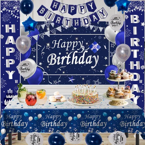 Miniatura 3 de Decoraciones de cumpleaños azules y plateadas, decoraciones de fiesta de cumpleaños para hombres, niños, mujeres y niñas, con pancarta de feliz