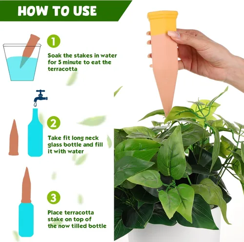 Miniatura 6 de Jovitec 6 estacas de riego de plantas de terracota, picos de riego automático para plantas de interior y exterior, hogar y oficina (multicolor)