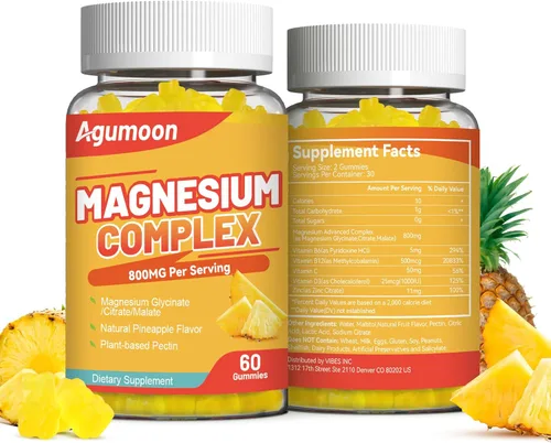 Miniatura 8 de Gomitas complejas de magnesio de 800 mg con zinc y vitaminas B6, B12, C, D3, 60 gomitas de piña, glicinato de alta absorción, citrato, malato, sin