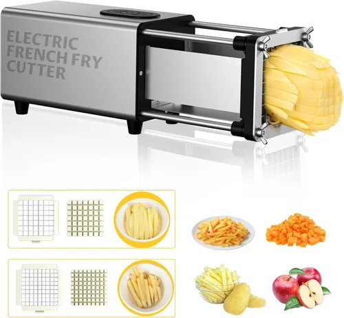 YOTAN Cortador Eléctrico para Papas Fritas, Cortador de Papas Fritas de Acero Inoxidable con Cuchilla de 1/2 y 3/8 Pulgadas, Cortador Eléctrico