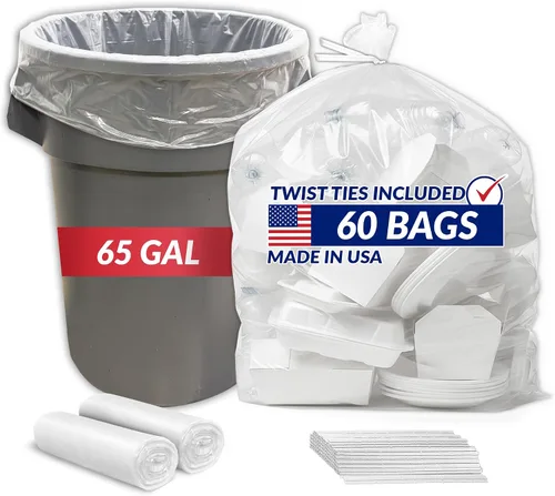 Reli. Bolsas de basura resistentes de 65 galones | 60 bolsas de basura con lazos | Limpieza de basura súper grande, transparente y seria