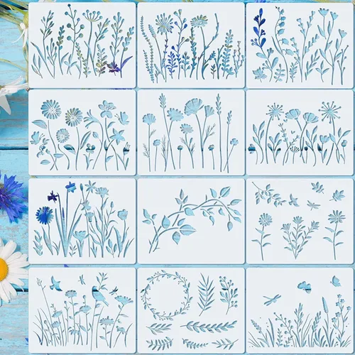 Miniatura 8 de Marspark 20 Piezas Plantillas de Flores Silvestres para Pintura Plantilla Plantillas de Pared de Flores Plantillas de Primavera Reutilizables PET