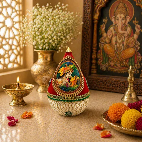 Miniatura 7 de LOVENSPIRE Shriphal Mangal Kalash Coco decorado para boda Shagun Decorativo Nariyal Mangal Nariyal Kalash Set Boda Pooja Nariyal Decorado Nariyal