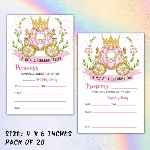 Miniatura 2 de Invitaciones de cumpleaños de princesa con sobres, tarjeta de invitación de fiesta real para niñas, tarjetas de invitaciones rosadas y doradas