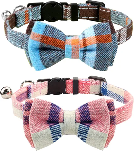 Miniatura 12 de Joytale Collar de gato mejorado con campanas, collares de gato separables con corbatín, 1 paquete de collares de gatito de cuadros de seguridad