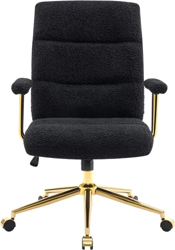 Miniatura 6 de Elegante silla de oficina negra y dorada con tela texturizada Boucle, moderna silla de escritorio con asiento acolchado, altura ajustable con base