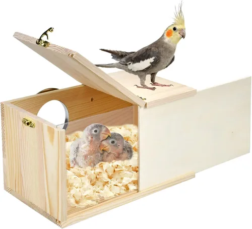 Miniatura 7 de Caja de anidación de periquitos CooShou, nido natural de pino para cacatúas, caja de cría de pájaros, casa transparente acrílica con tablero
