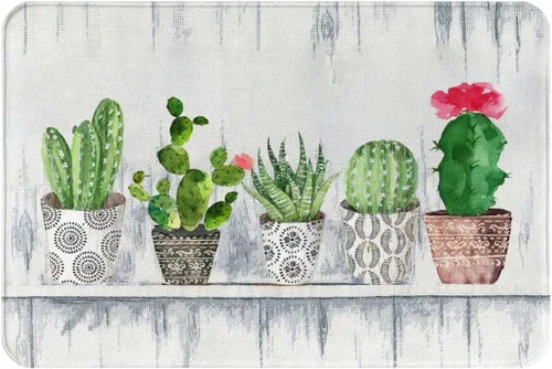 Tapete de baño de cactus con plantas botánicas, antideslizante, de secado rápido, lavable, con flores, para ducha, baño, cocina, comedor, sala de